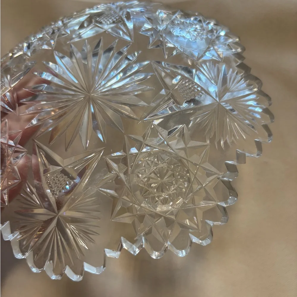 Antique American Brilliant Glass 6” Crystal Dish Bowl Sawtooth Scalloped Star‎